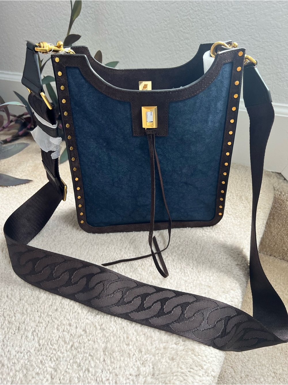 Rebecca Minkoff Navy Suede and Brown Trim Studded Crossbody